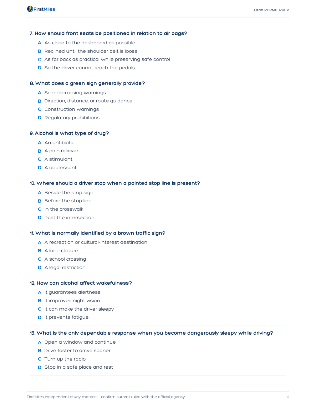Example page from the FirstMiles Utah written practice tests