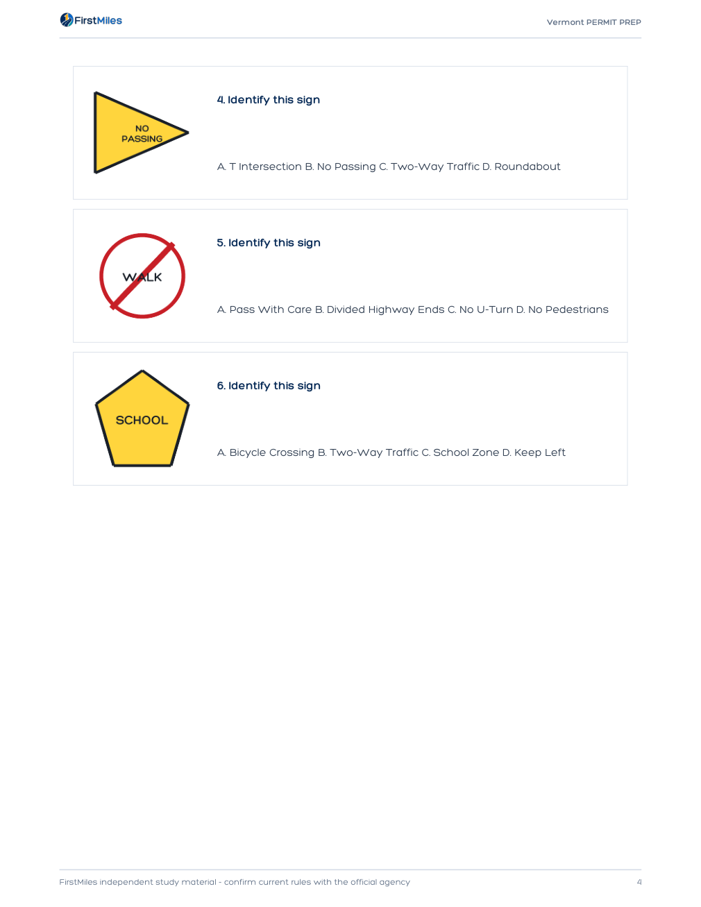Example page from the FirstMiles Vermont road sign practice tests