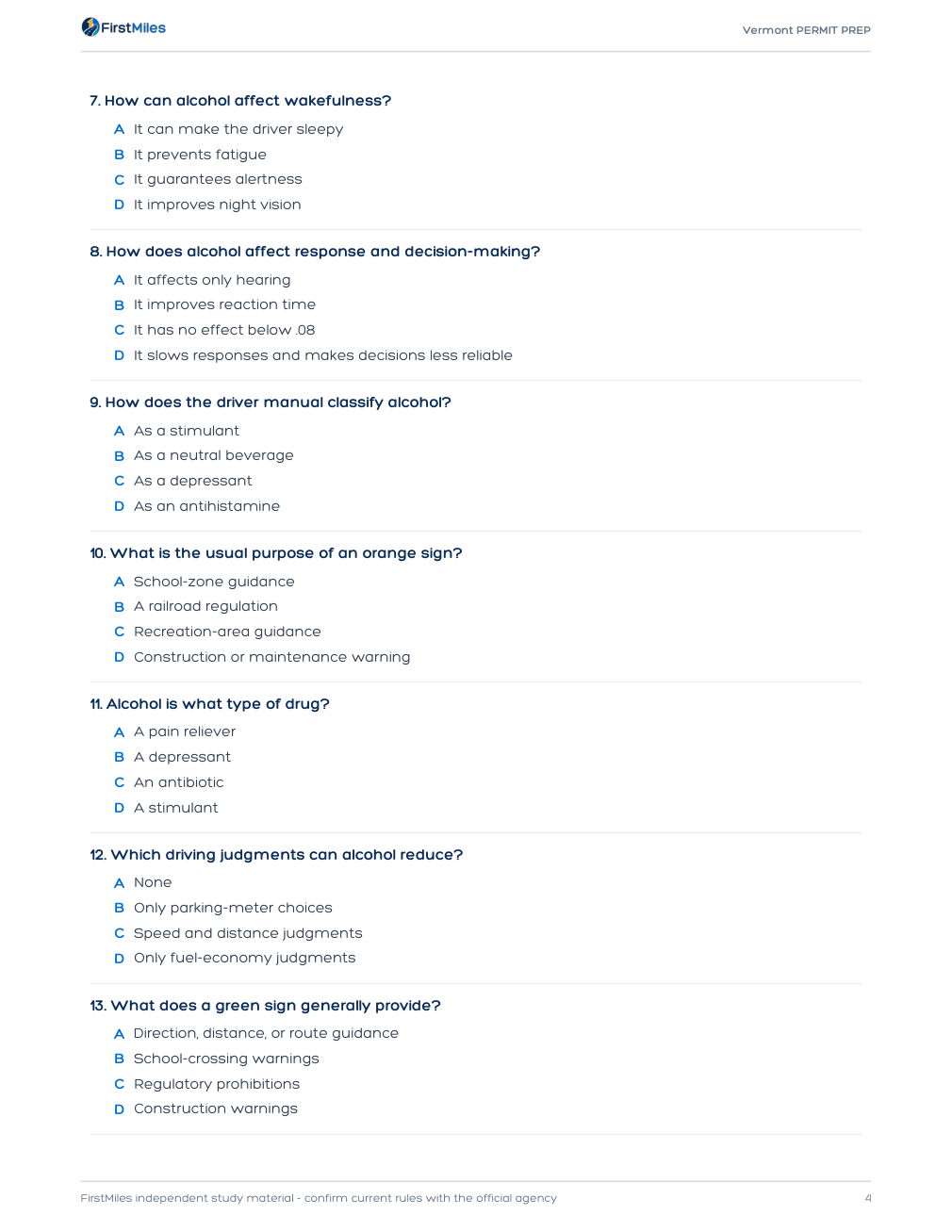 Example page from the FirstMiles Vermont written practice tests