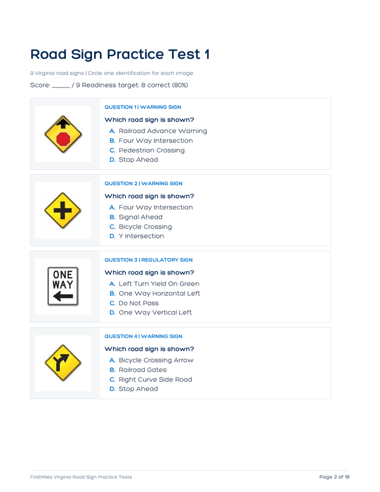 Example page from the FirstMiles Virginia road sign practice tests