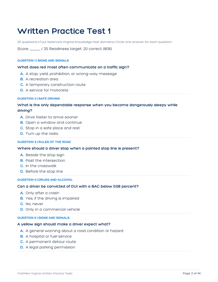 Example page from the FirstMiles Virginia written practice tests
