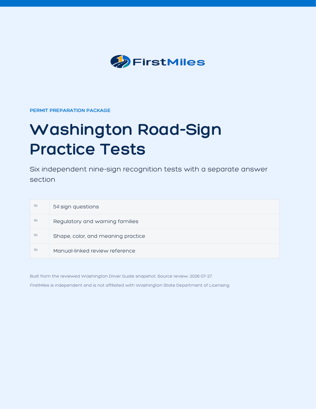 FirstMiles Washington road sign practice tests cover