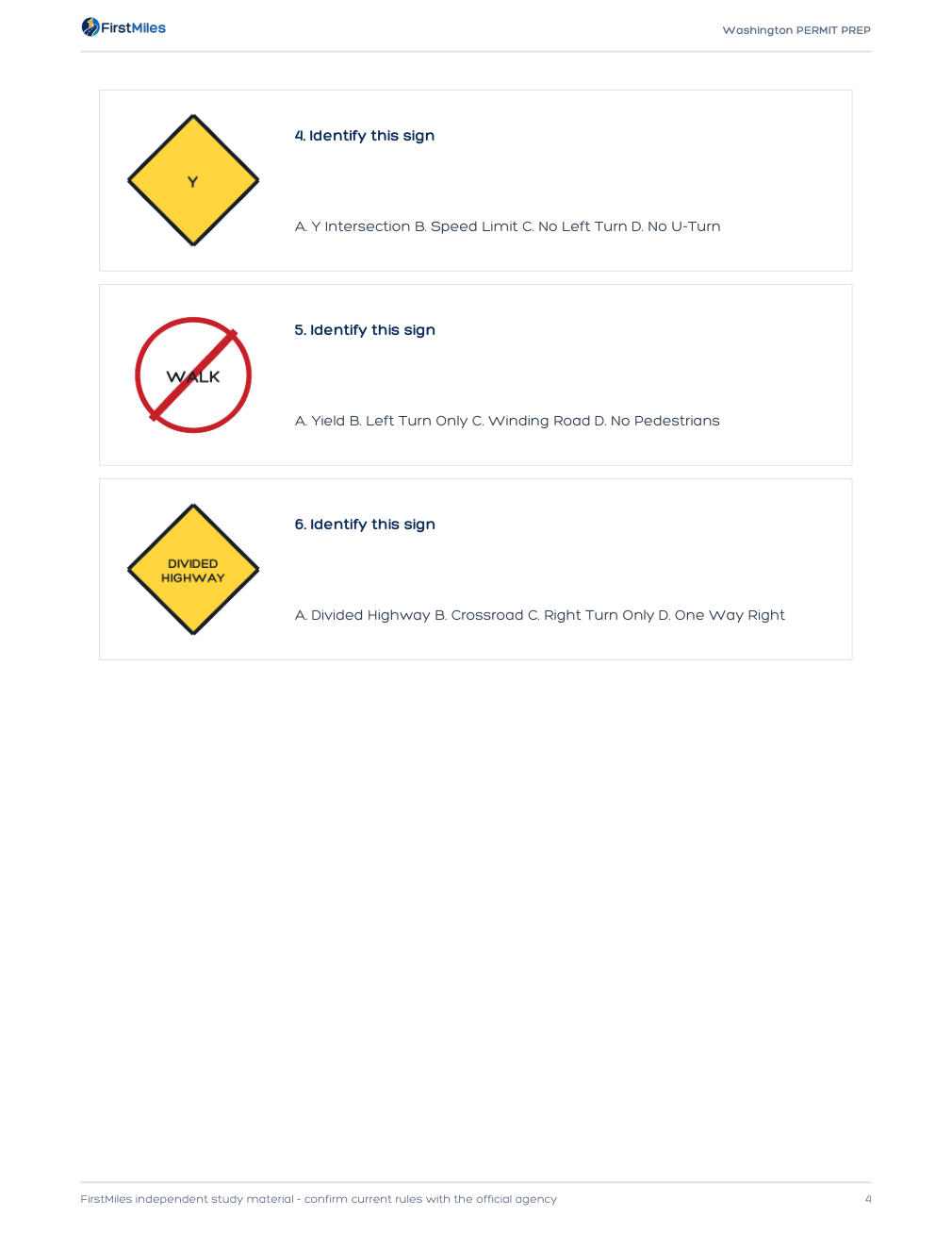 Example page from the FirstMiles Washington road sign practice tests