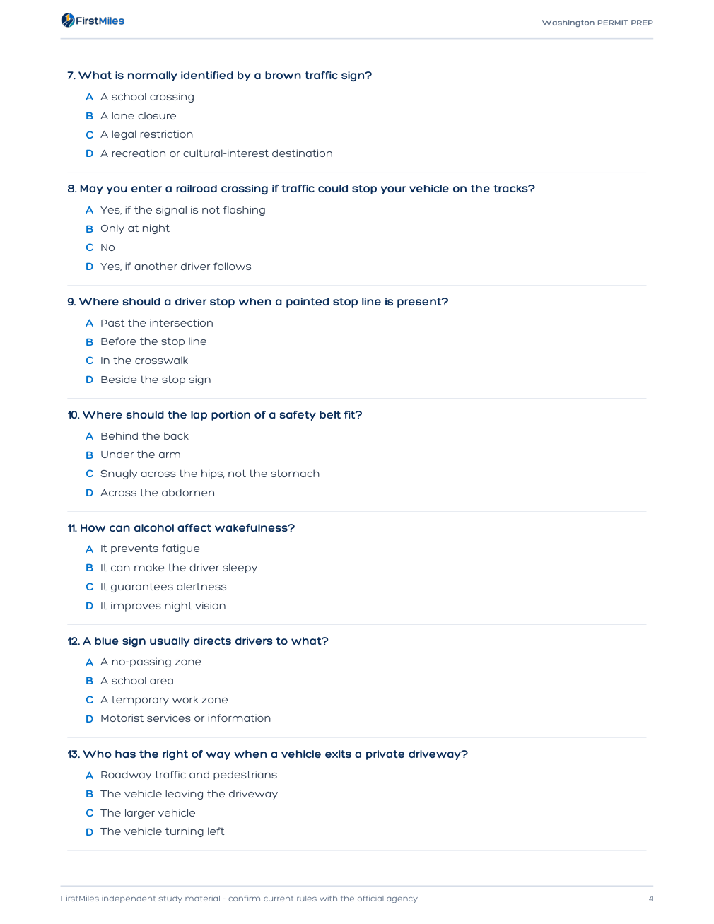 Example page from the FirstMiles Washington written practice tests