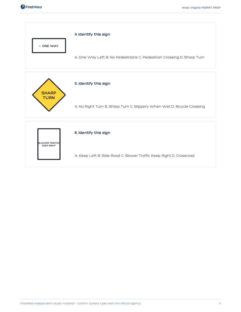 Example page from the FirstMiles West Virginia road sign practice tests