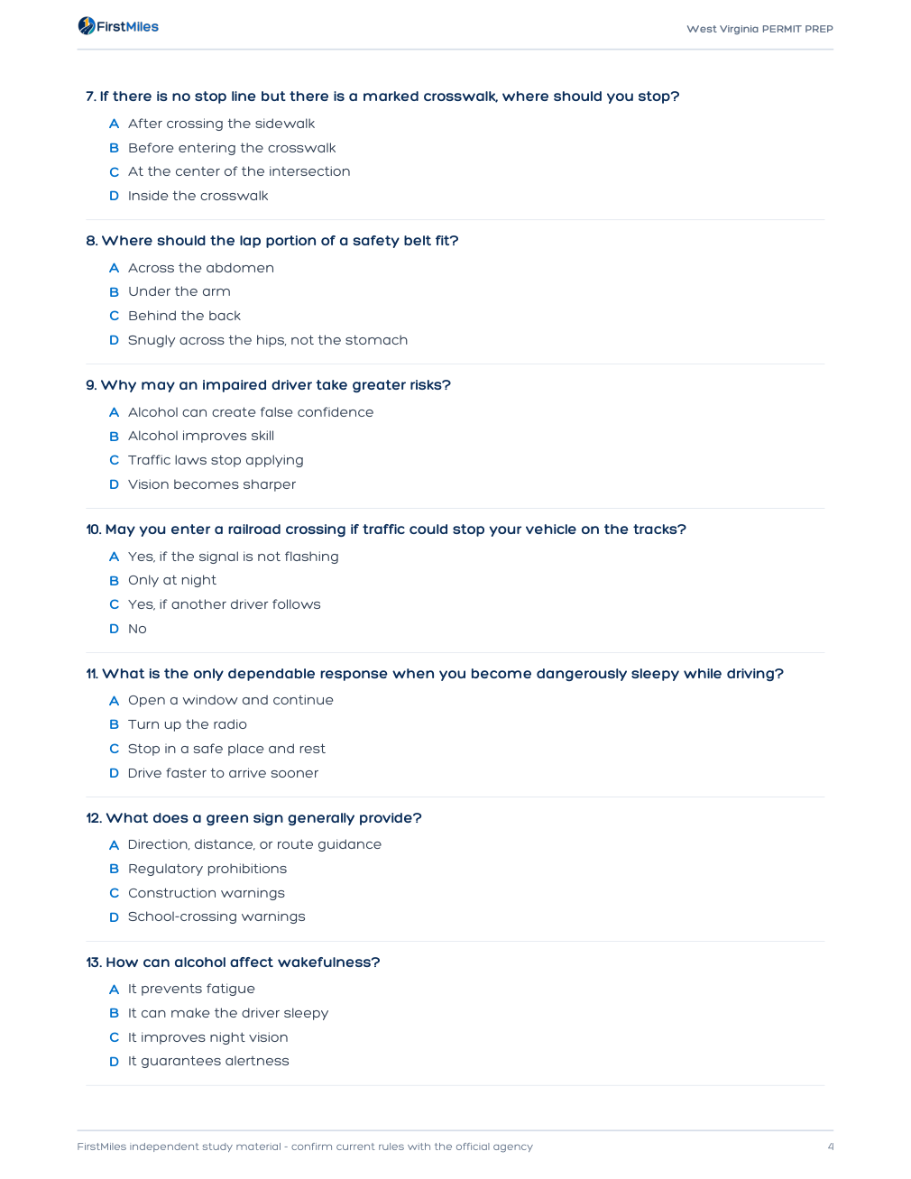 Example page from the FirstMiles West Virginia written practice tests