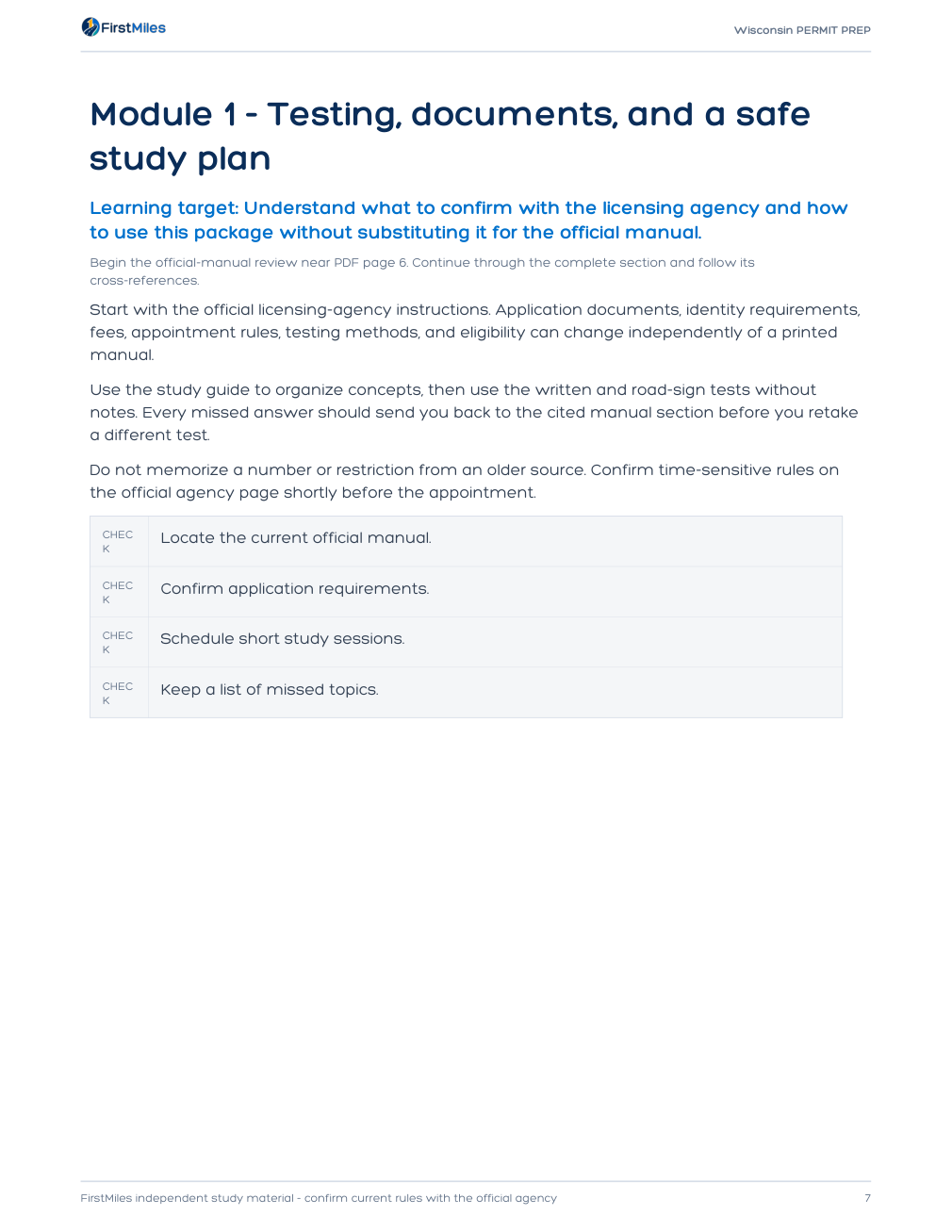 Example page from the FirstMiles Wisconsin permit study guide