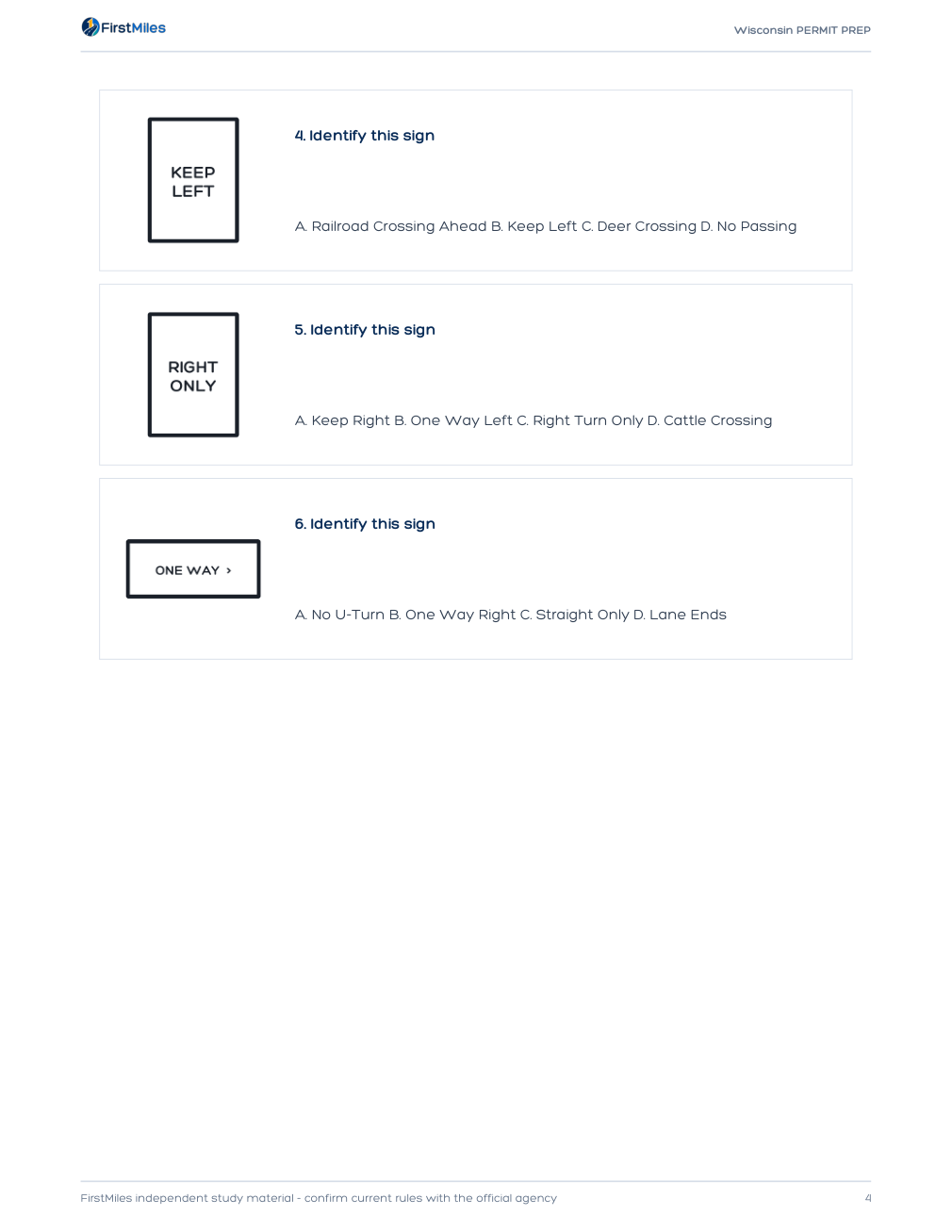 Example page from the FirstMiles Wisconsin road sign practice tests