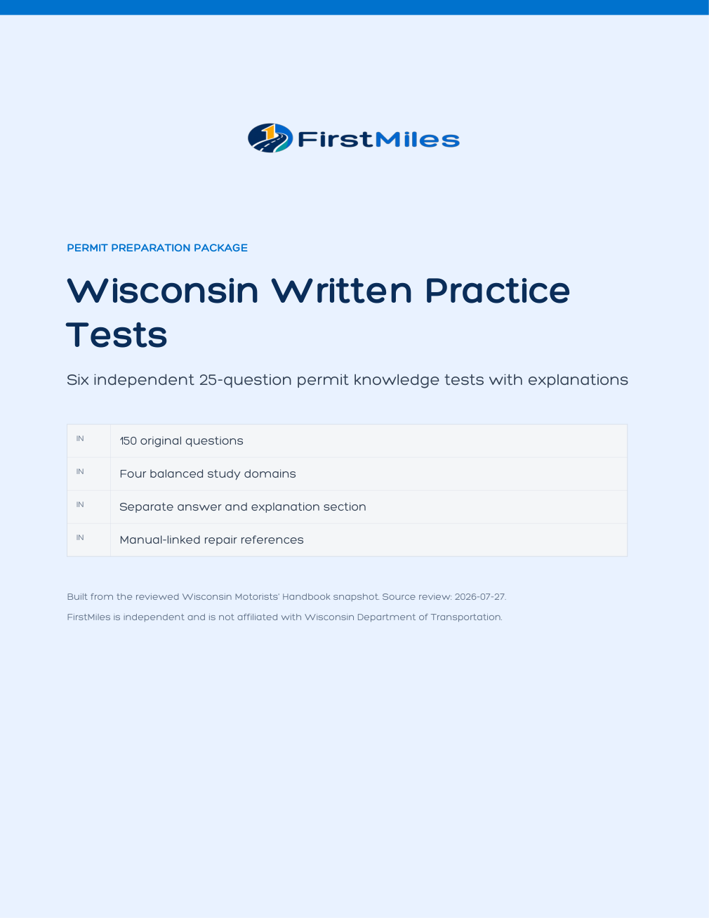FirstMiles Wisconsin written practice tests cover