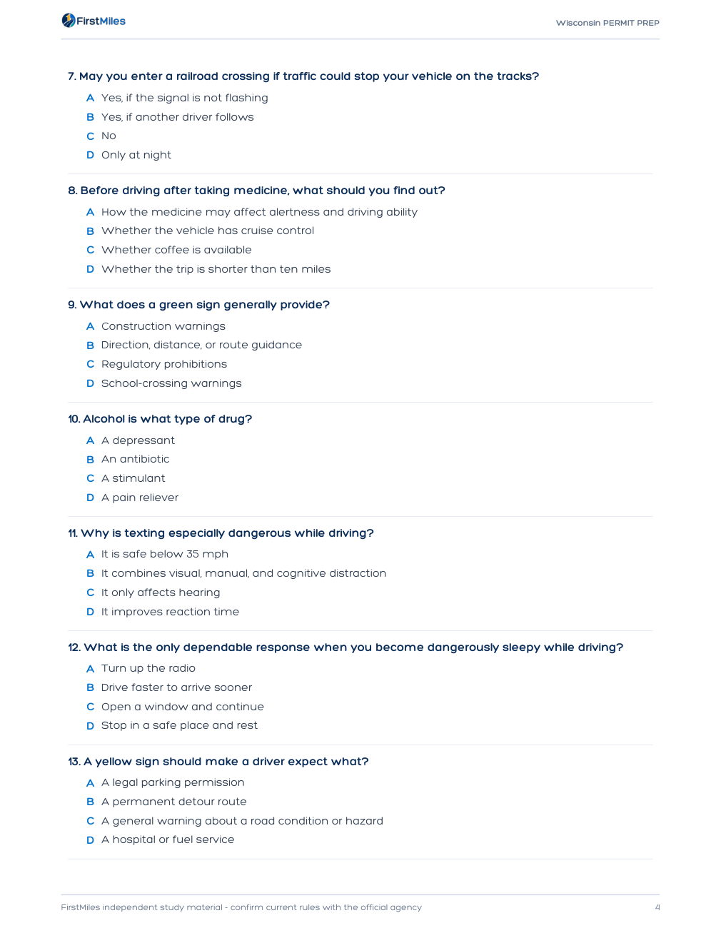 Example page from the FirstMiles Wisconsin written practice tests