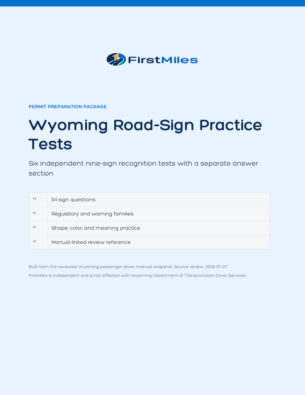 FirstMiles Wyoming road sign practice tests cover