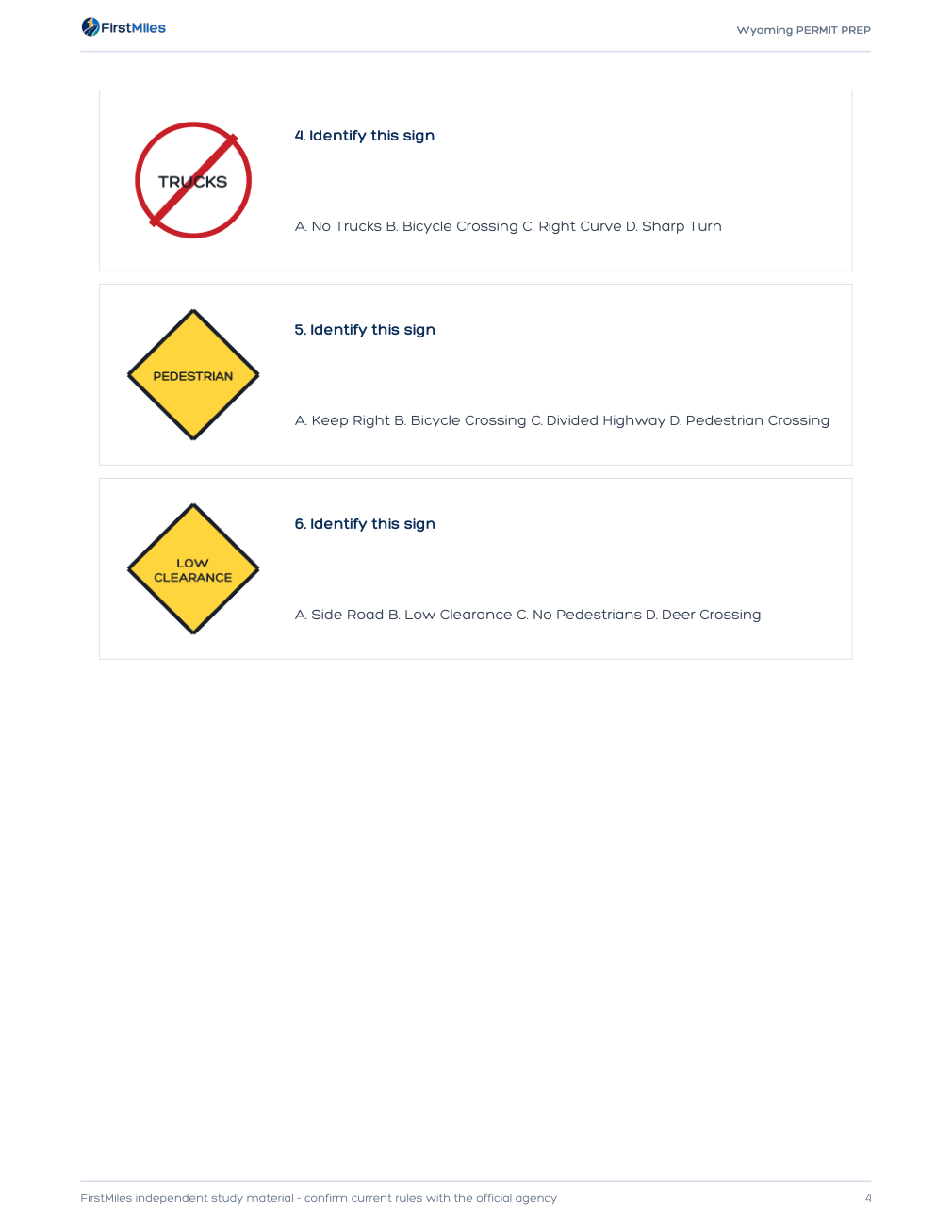 Example page from the FirstMiles Wyoming road sign practice tests