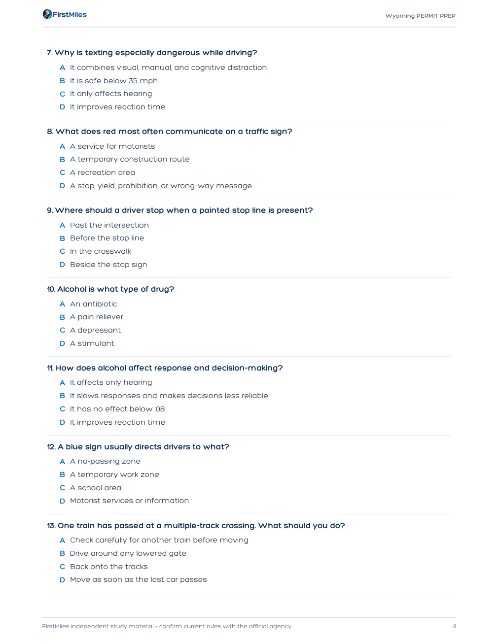Example page from the FirstMiles Wyoming written practice tests